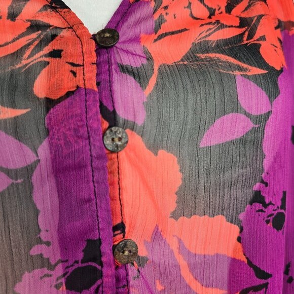 Anthropologie Fig and Flower Oversized Red Black Purple Floral Button Front Top - Picture 2 of 7